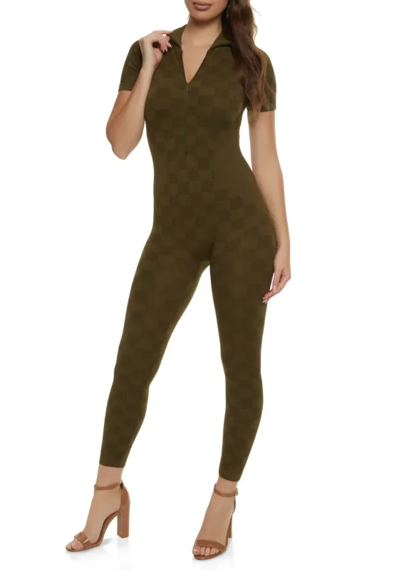 Checkered Seamless Zip Front Jumpsuit sold by Rainbow