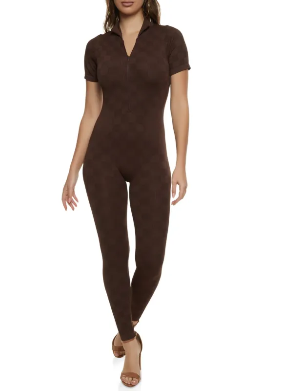 Checkered Seamless Zip Front Jumpsuit sold by Rainbow