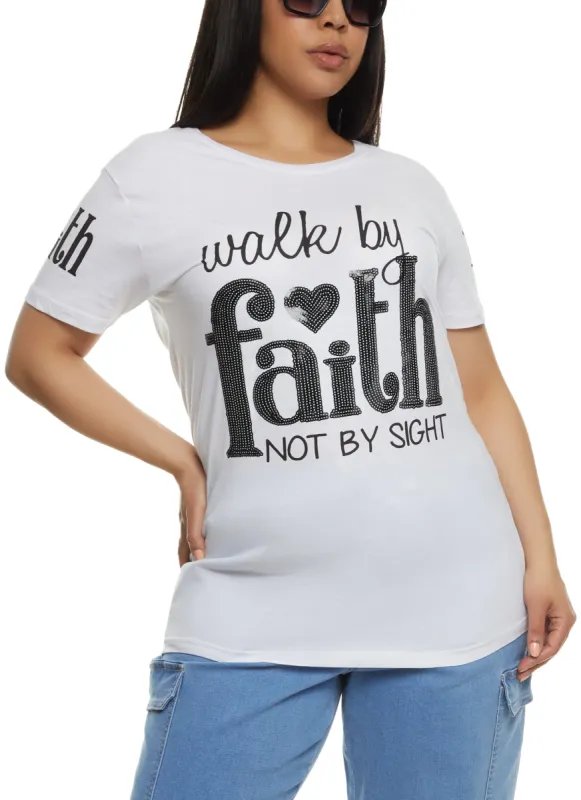 Plus Size Walk By Faith Short Sleeve Sequin Graphic Tee sold by Rainbow