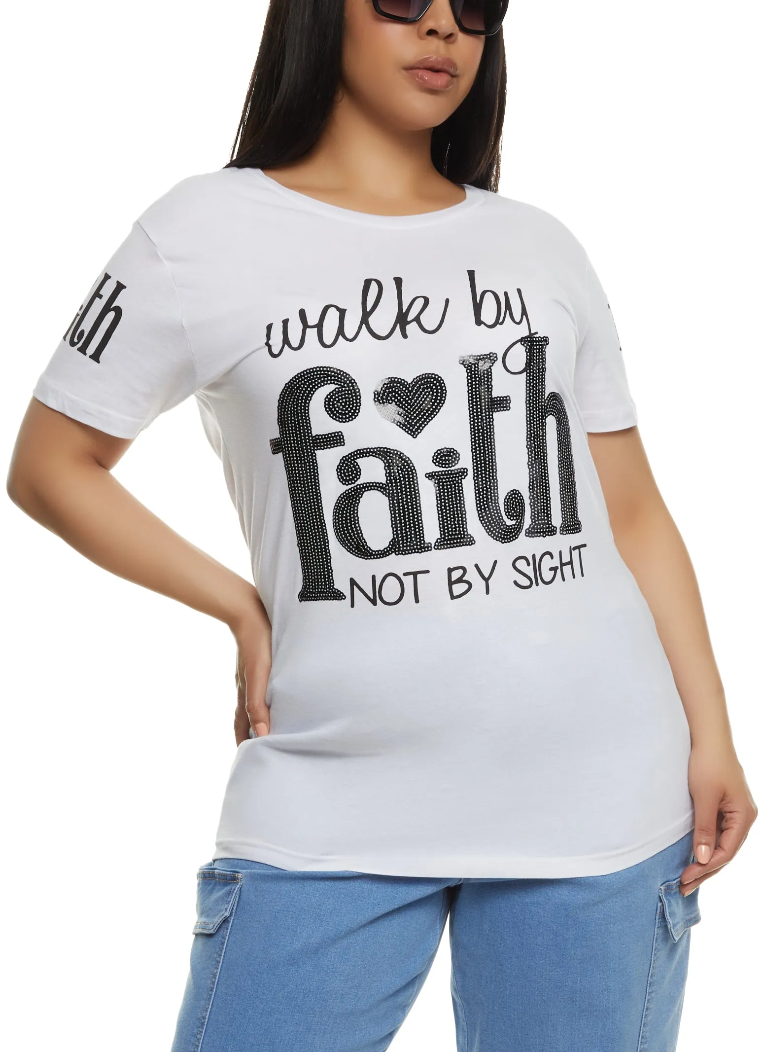 Plus Size Walk By Faith Short Sleeve Sequin Graphic Tee sold by Rainbow