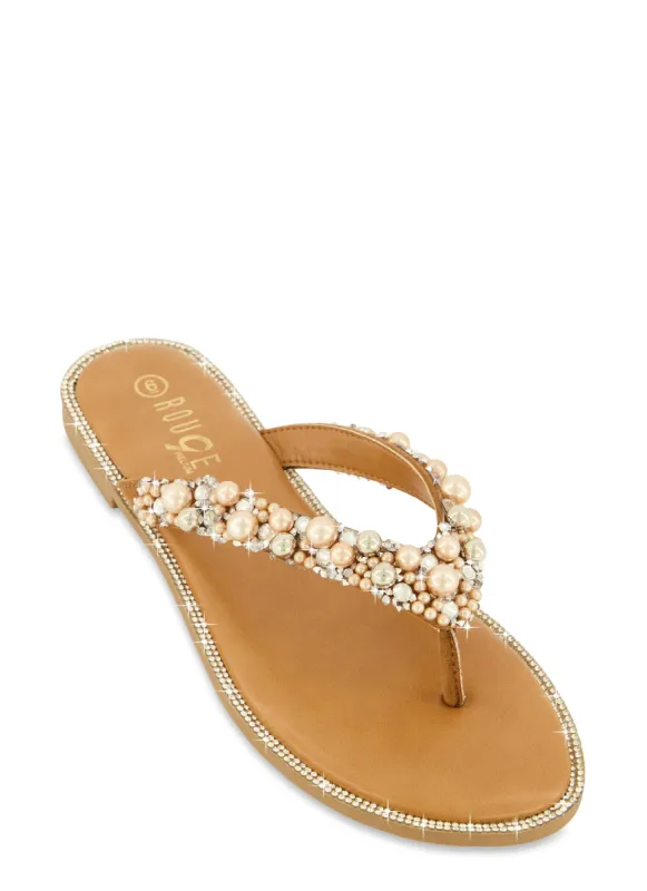 Rhinestone Trim Faux Pearl Thong Sandals sold by Rainbow