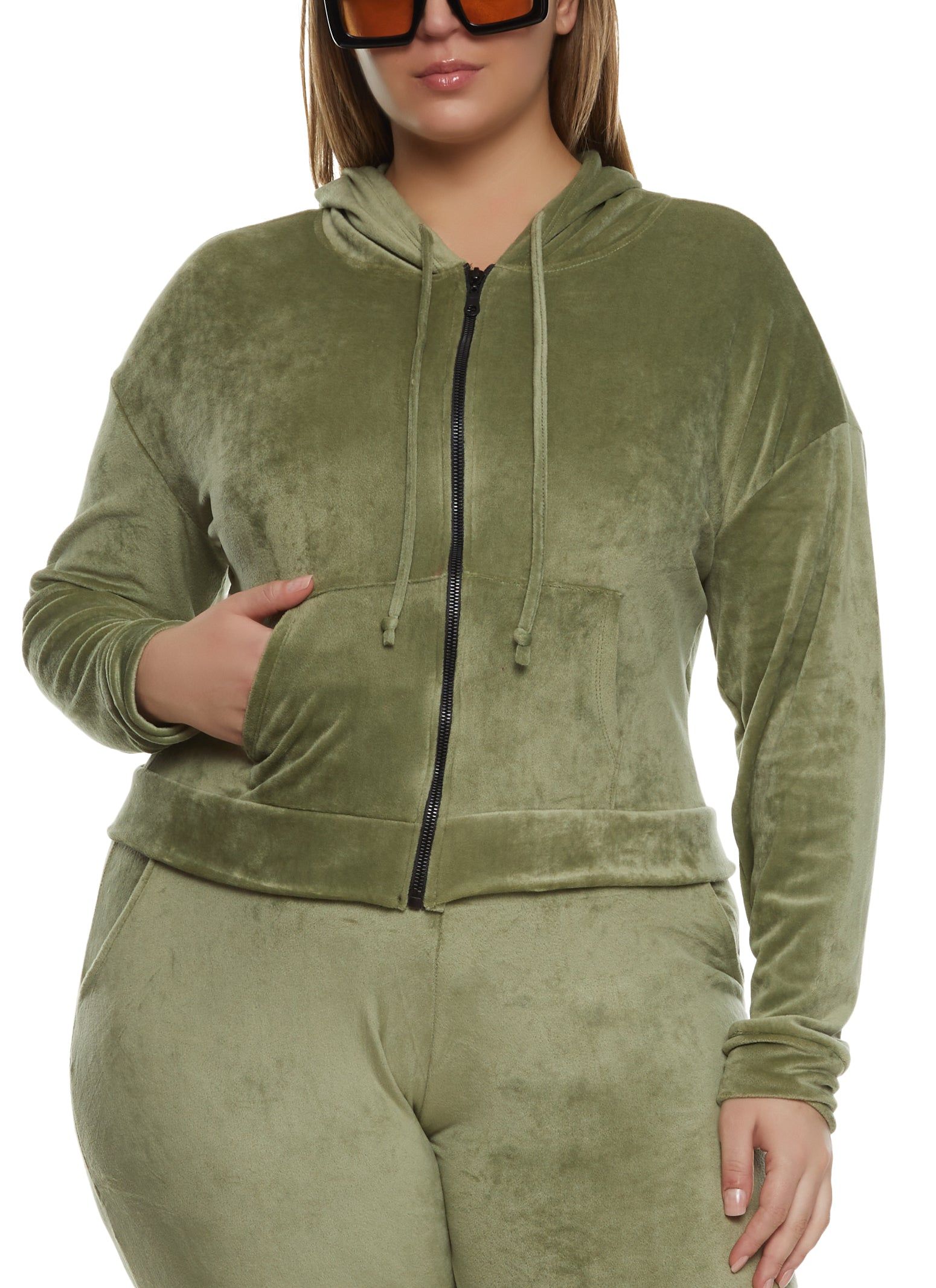 Plus Size Velour Zip Front Hooded Sweatshirt sold by Rainbow