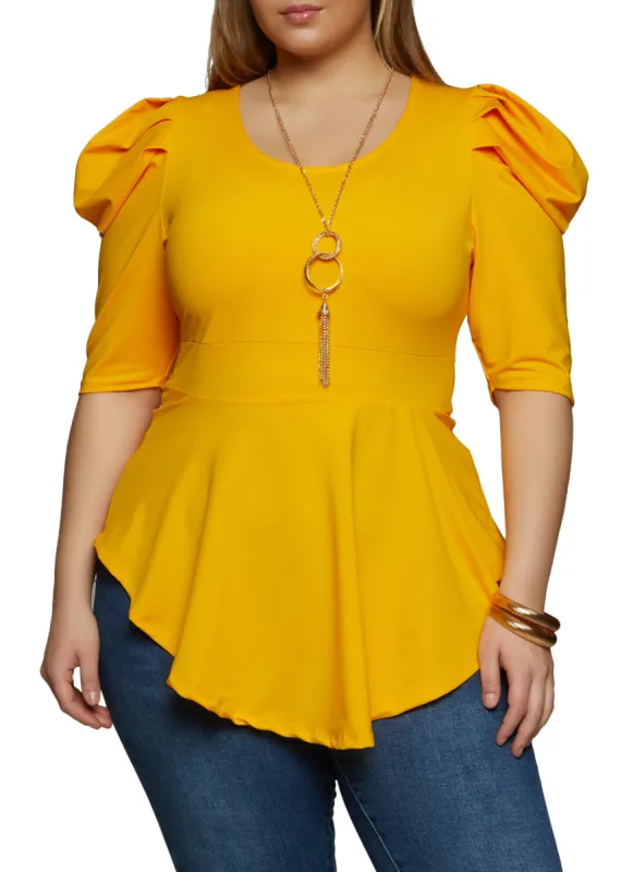 Plus Size Puff Sleeve Peplum Top with Necklace sold by Rainbow