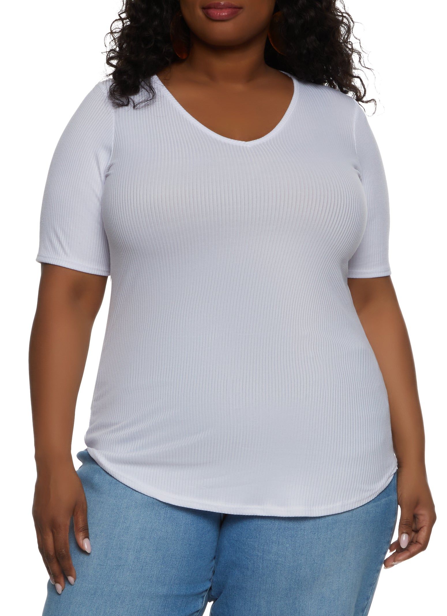 Plus Size Rib Knit V Neck Tee sold by Rainbow