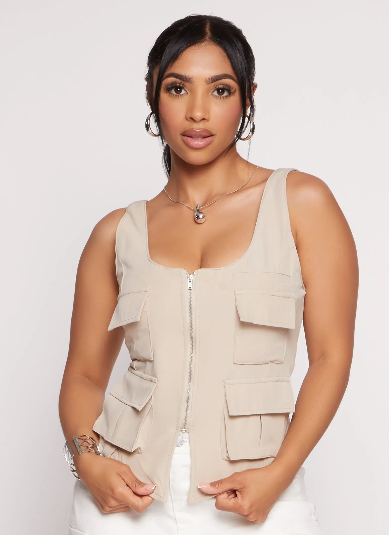 Cargo Pocket Zip Front Cropped Tank Top sold by Rainbow