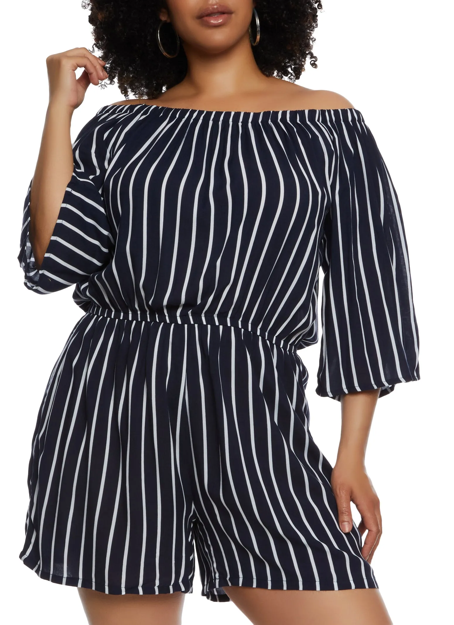 Plus Size Striped Off the Shoulder Romper sold by Rainbow