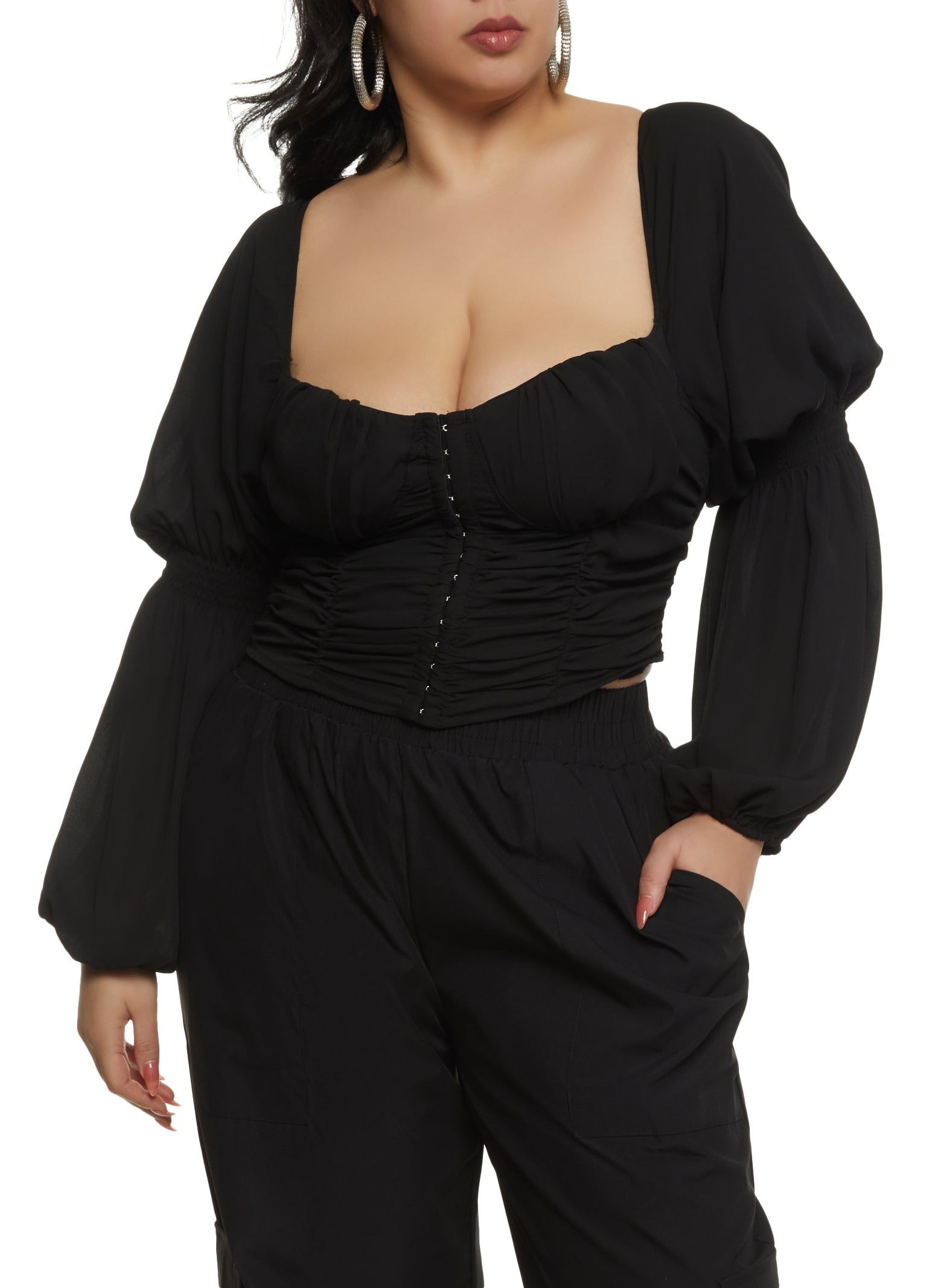 Plus Size Balloon Sleeve Hook and Eye Bustier Top sold by Rainbow