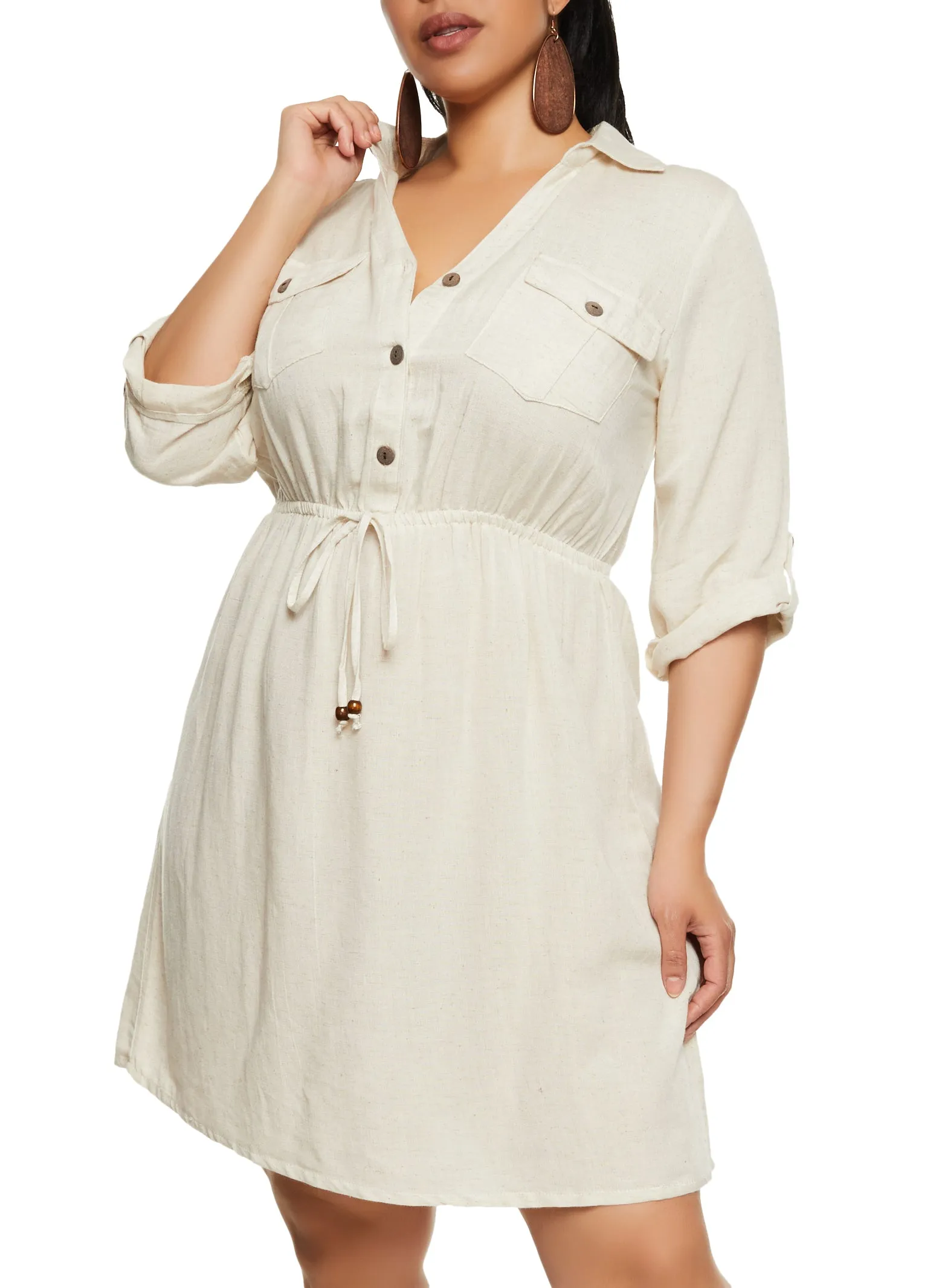 Plus Size Linen Elastic Waist Shirt Dress sold by Rainbow