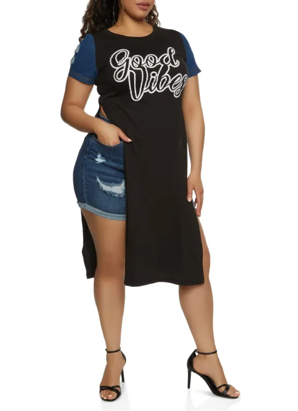 Plus Size Denim Sleeve Good Vibes Graphic Maxi Tee sold by Rainbow