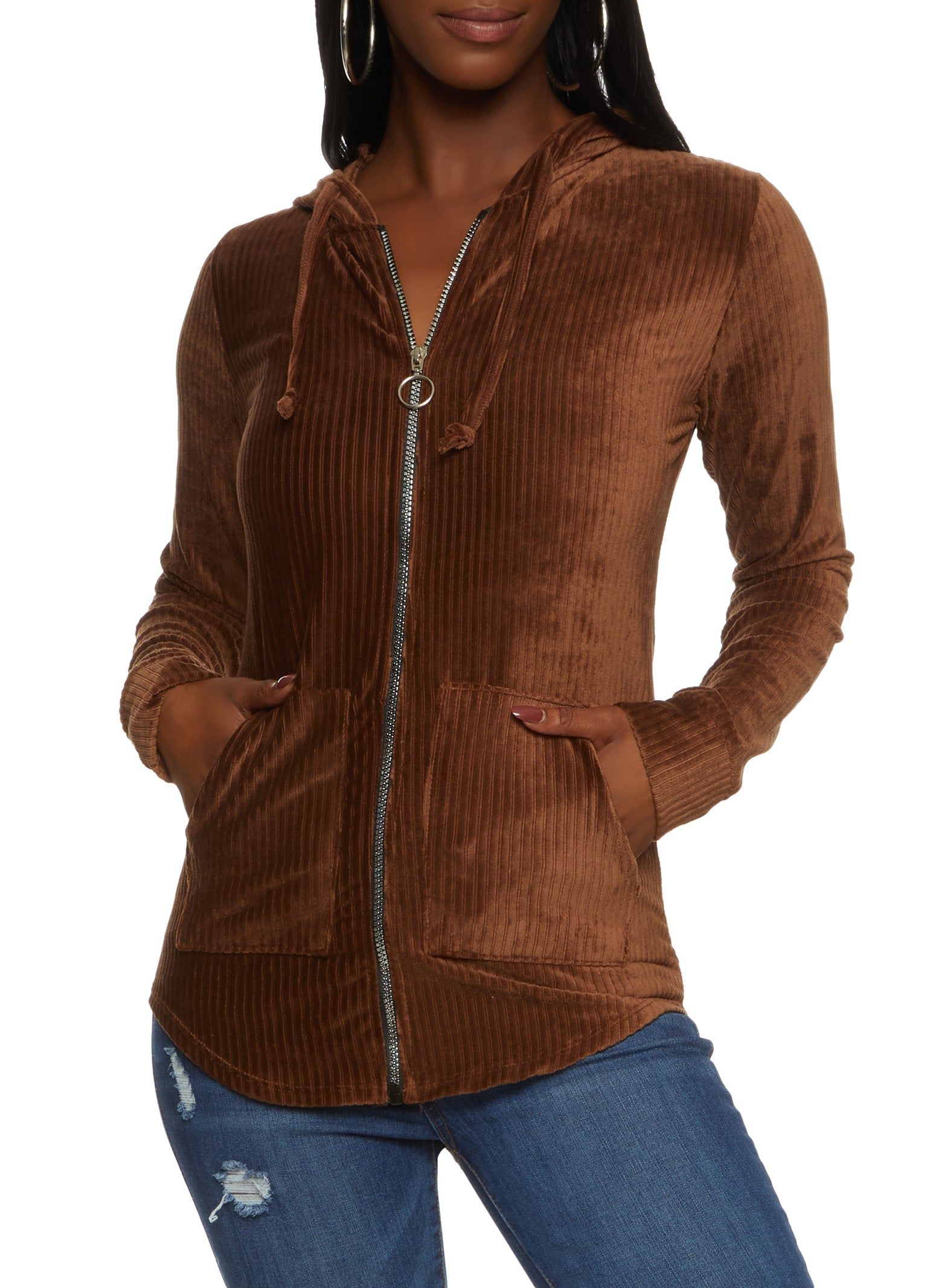 Ribbed Knit Velour Zip Front Hoodie sold by Rainbow