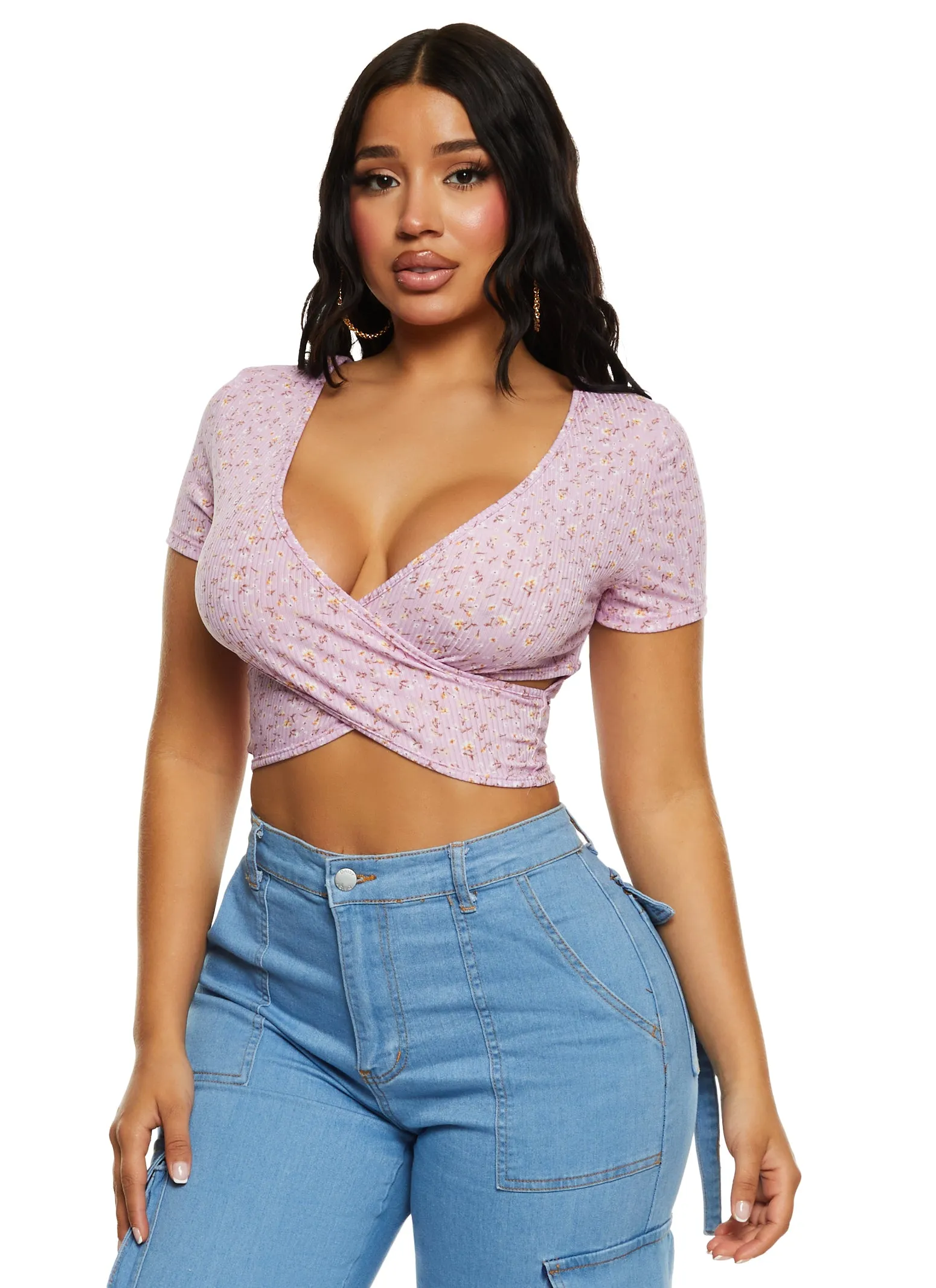 Ribbed Floral Print Twist Front Crop Top sold by Rainbow product image thumbnail 2