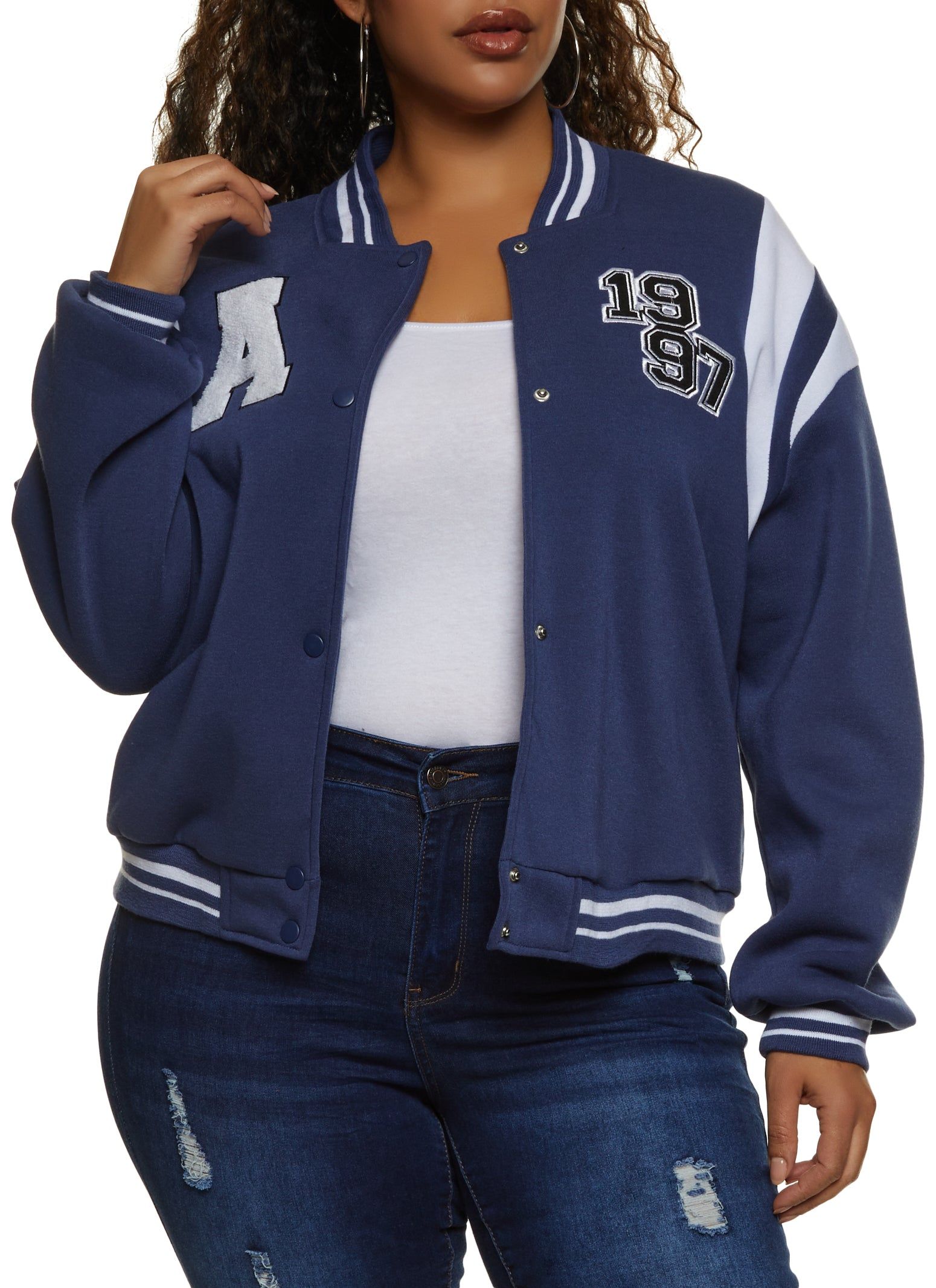 Plus Size Chenille Patch Letterman Jacket sold by Rainbow