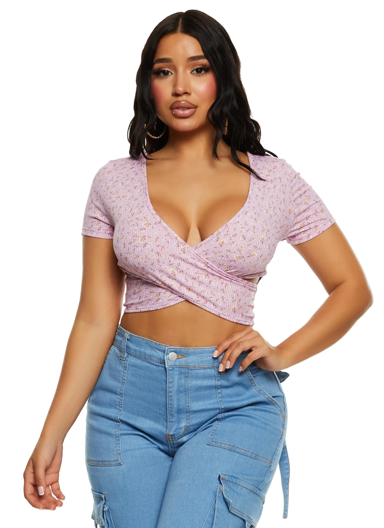 Ribbed Floral Print Twist Front Crop Top sold by Rainbow