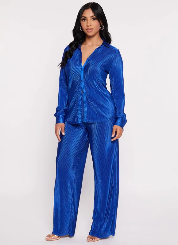 Plisse Button Front Shirt and Pants Set sold by Rainbow