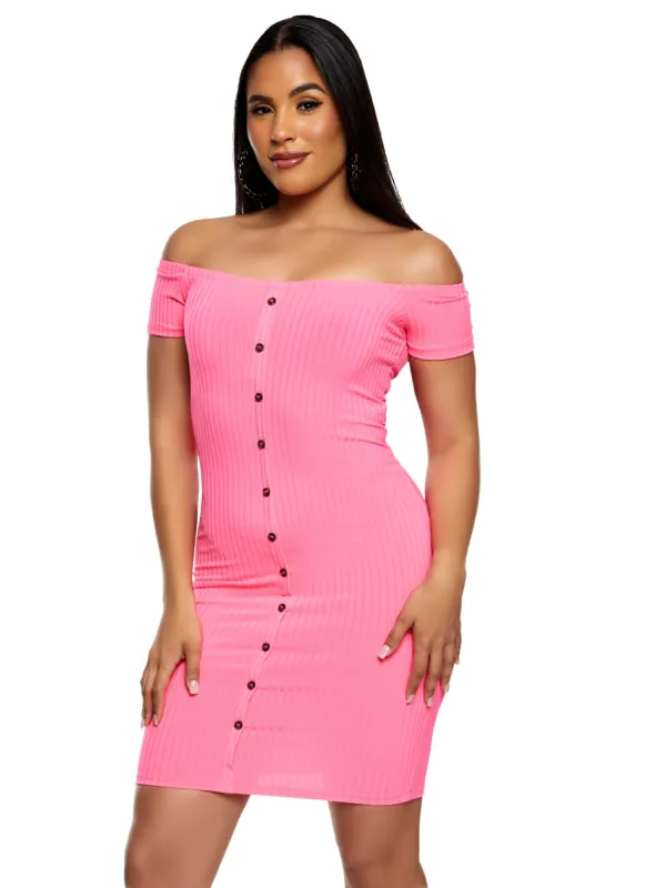 Off the Shoulder Button Detail Bodycon Dress sold by Rainbow