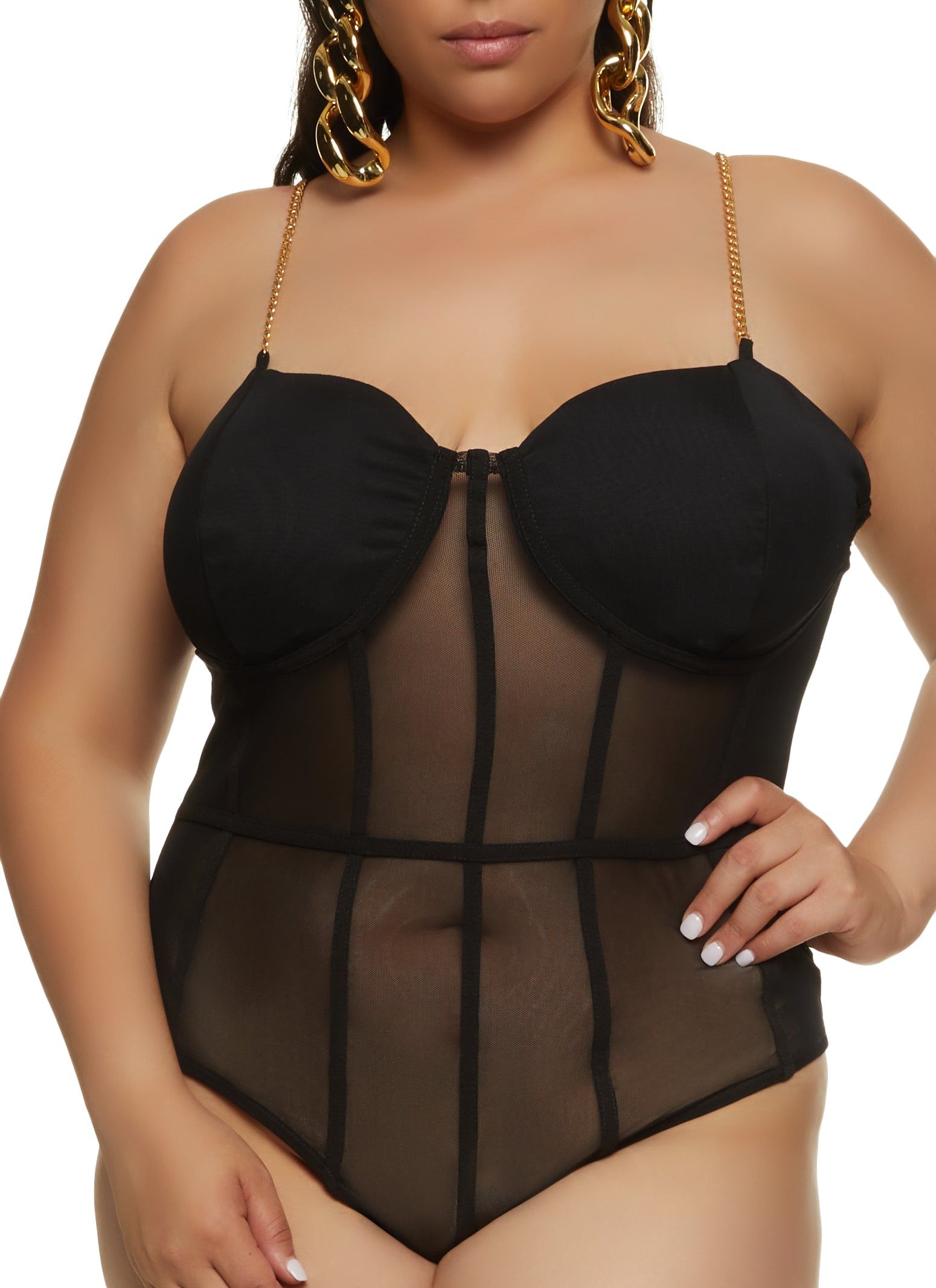 Plus Size Chain Strap Mesh Bustier Bodysuit sold by Rainbow