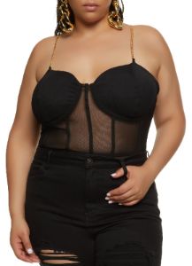 Plus Size Chain Strap Mesh Bustier Bodysuit sold by Rainbow