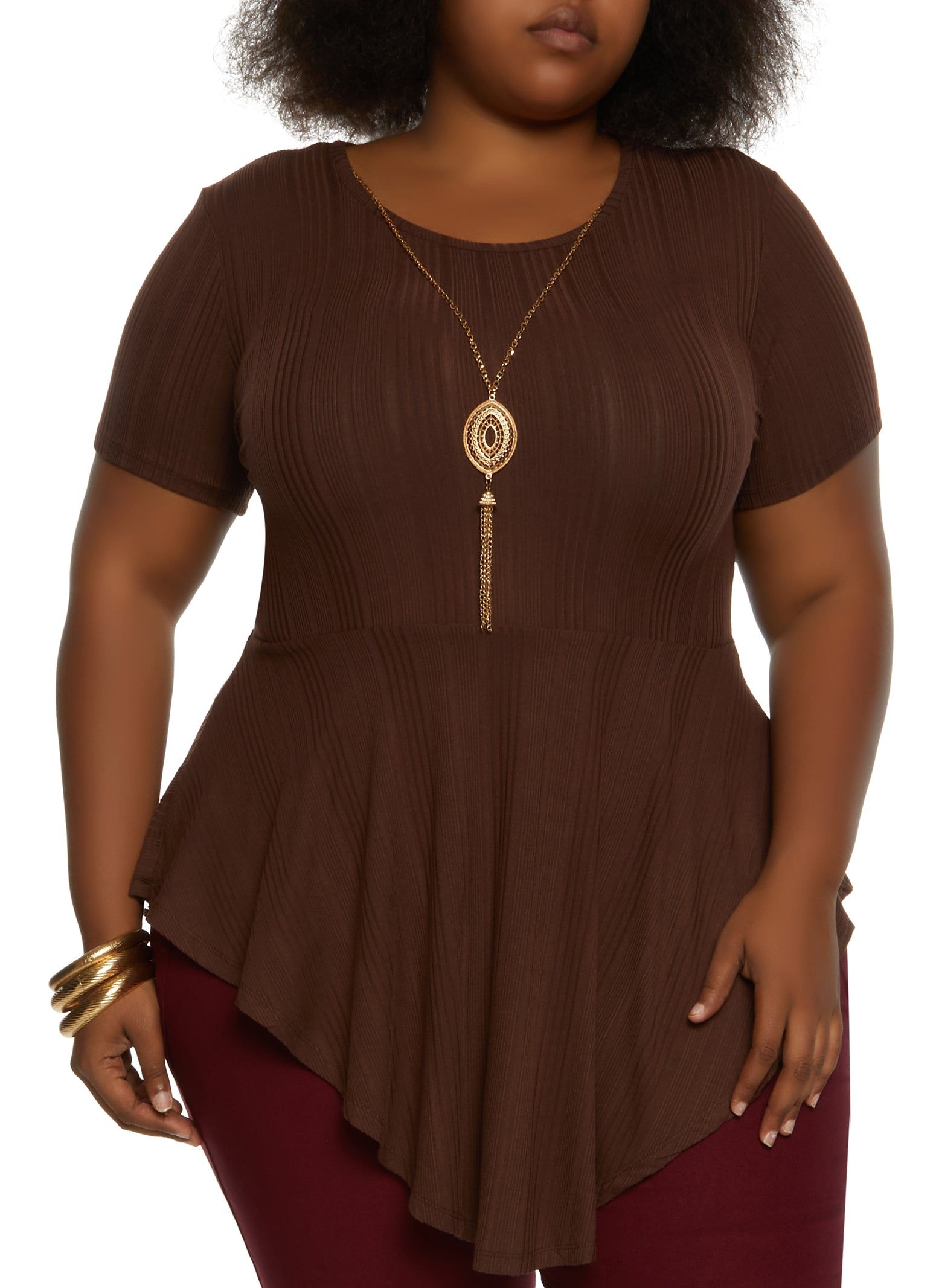 Plus Size Ribbed Hanky Hem Top with Necklace sold by Rainbow