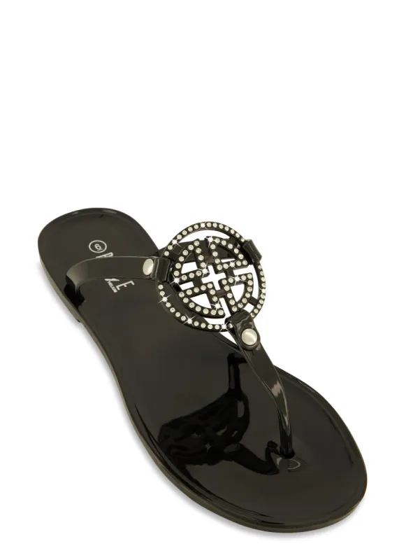 Geometric Rhinestone Pendant Jelly Thong Sandals sold by Rainbow