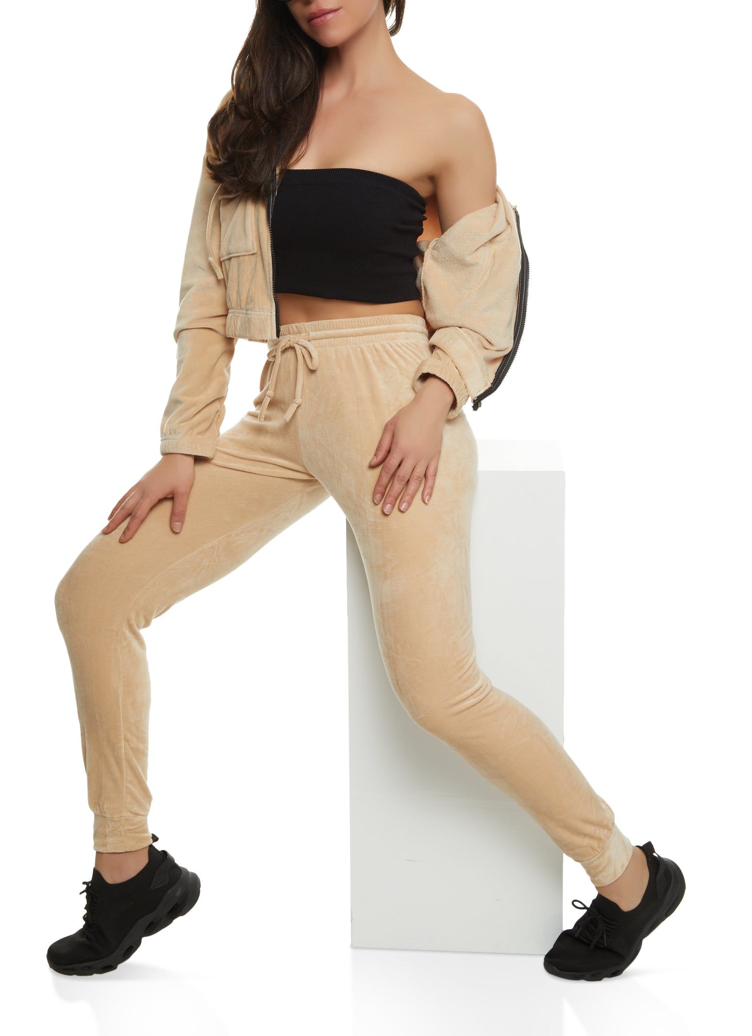 Velour Cargo Pocket Zip Front Cropped Hoodie sold by Rainbow