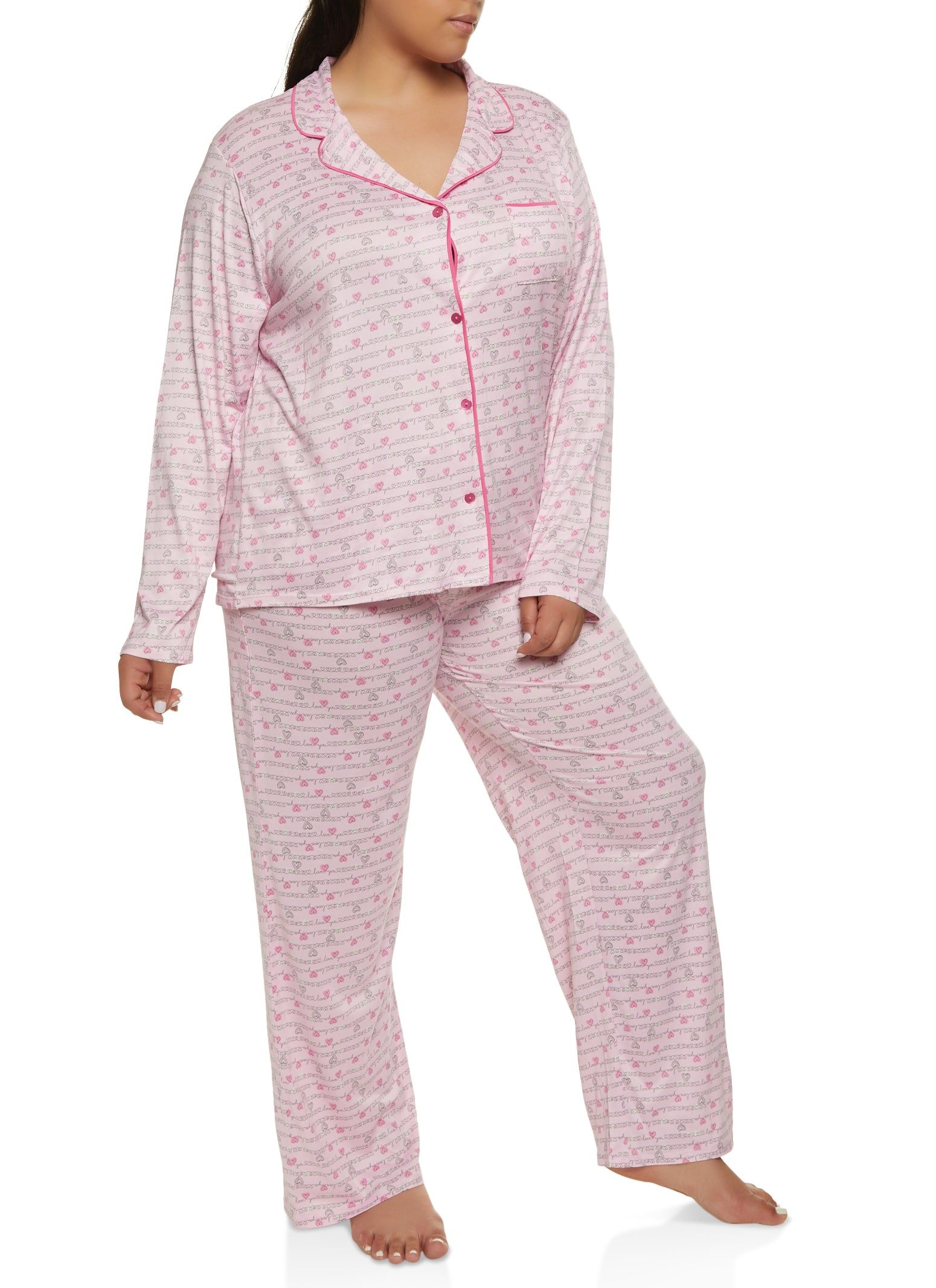 Plus Size Heart Printed Long Sleeve Pajama Shirt and Pants sold by Rainbow