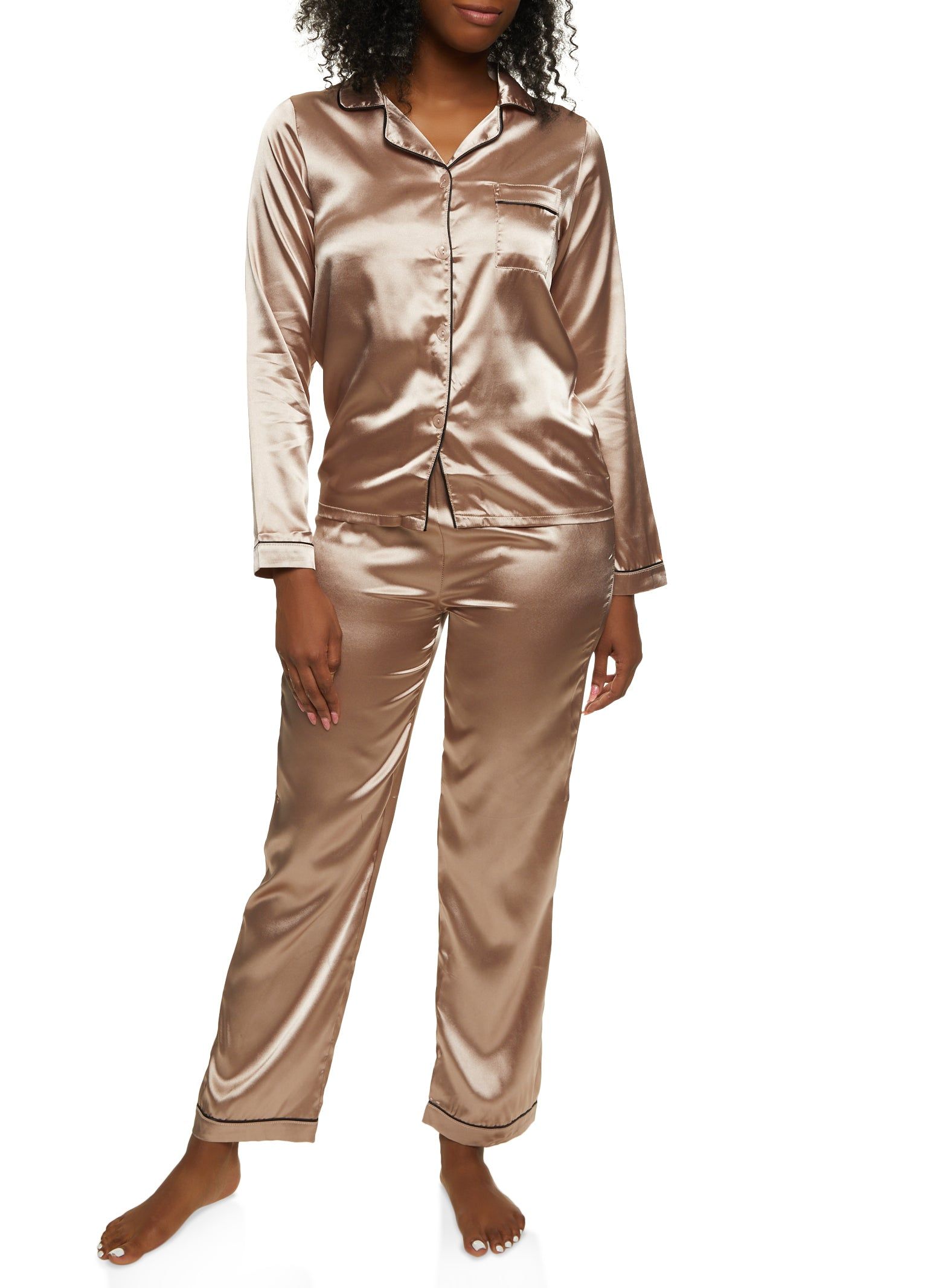 Satin Long Sleeve Button Down Pajama Shirt and Pants sold by Rainbow