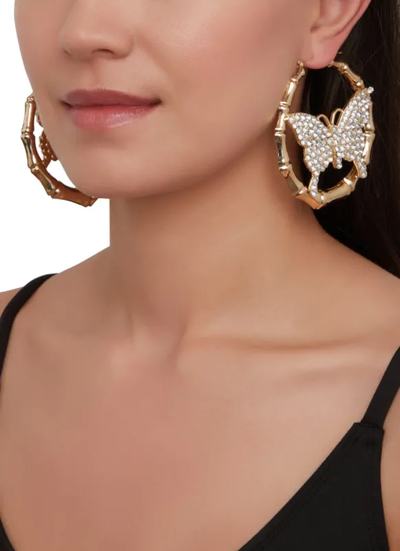 Rhinestone Butterfly Bamboo Hoop Earrings sold by Rainbow