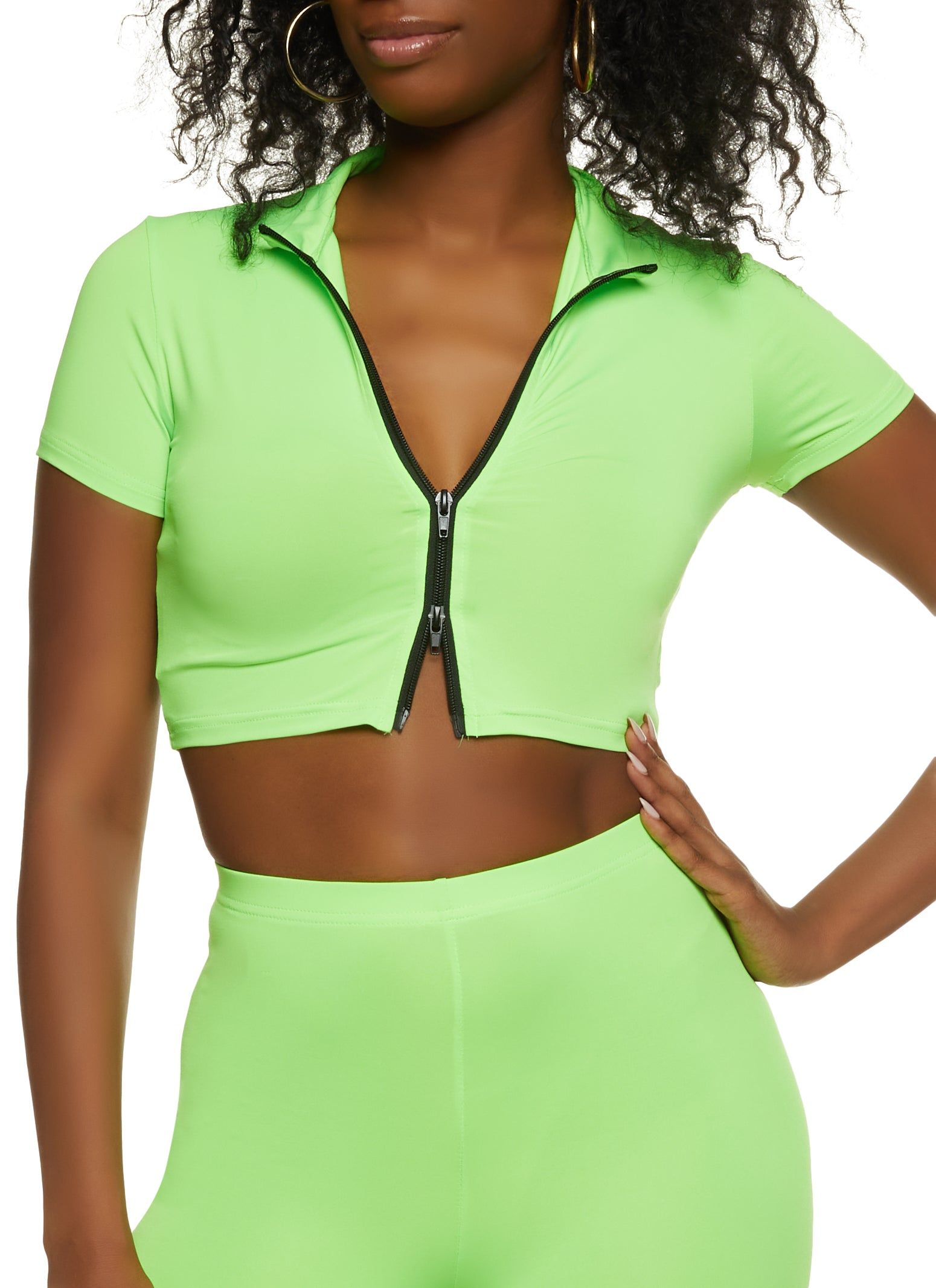 Zip Front Short Sleeve Crop Top sold by Rainbow