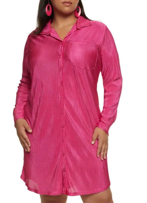 Plus Size Plisse Button Front Shirt Dress sold by Rainbow