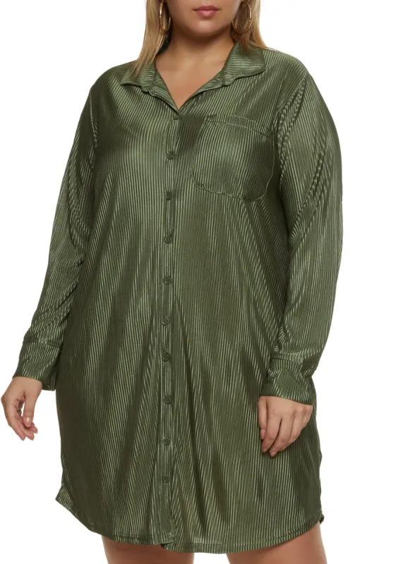 Plus Size Plisse Button Front Shirt Dress sold by Rainbow