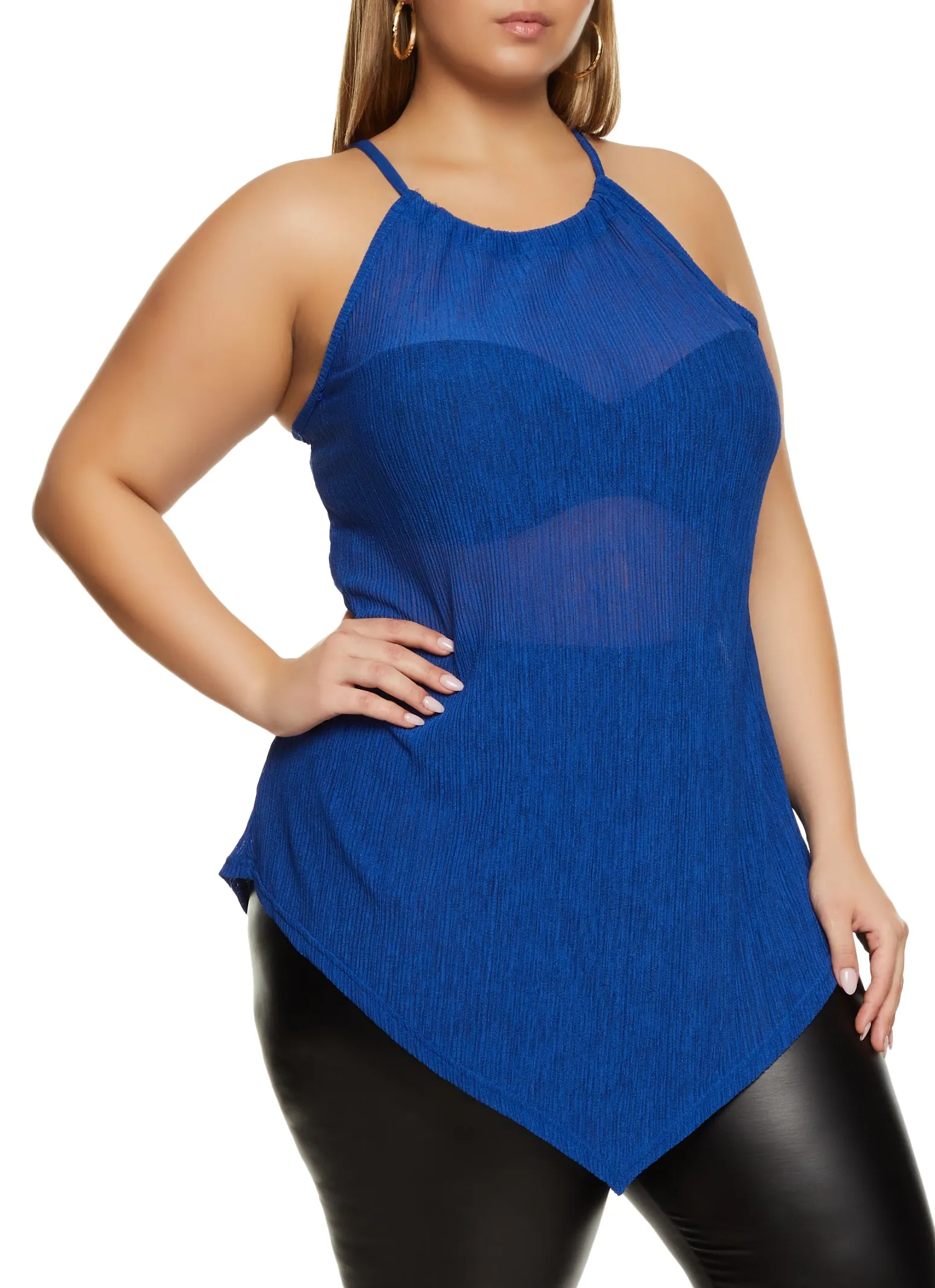 Plus Size Textured Knit High Neck Hanky Hem Top sold by Rainbow