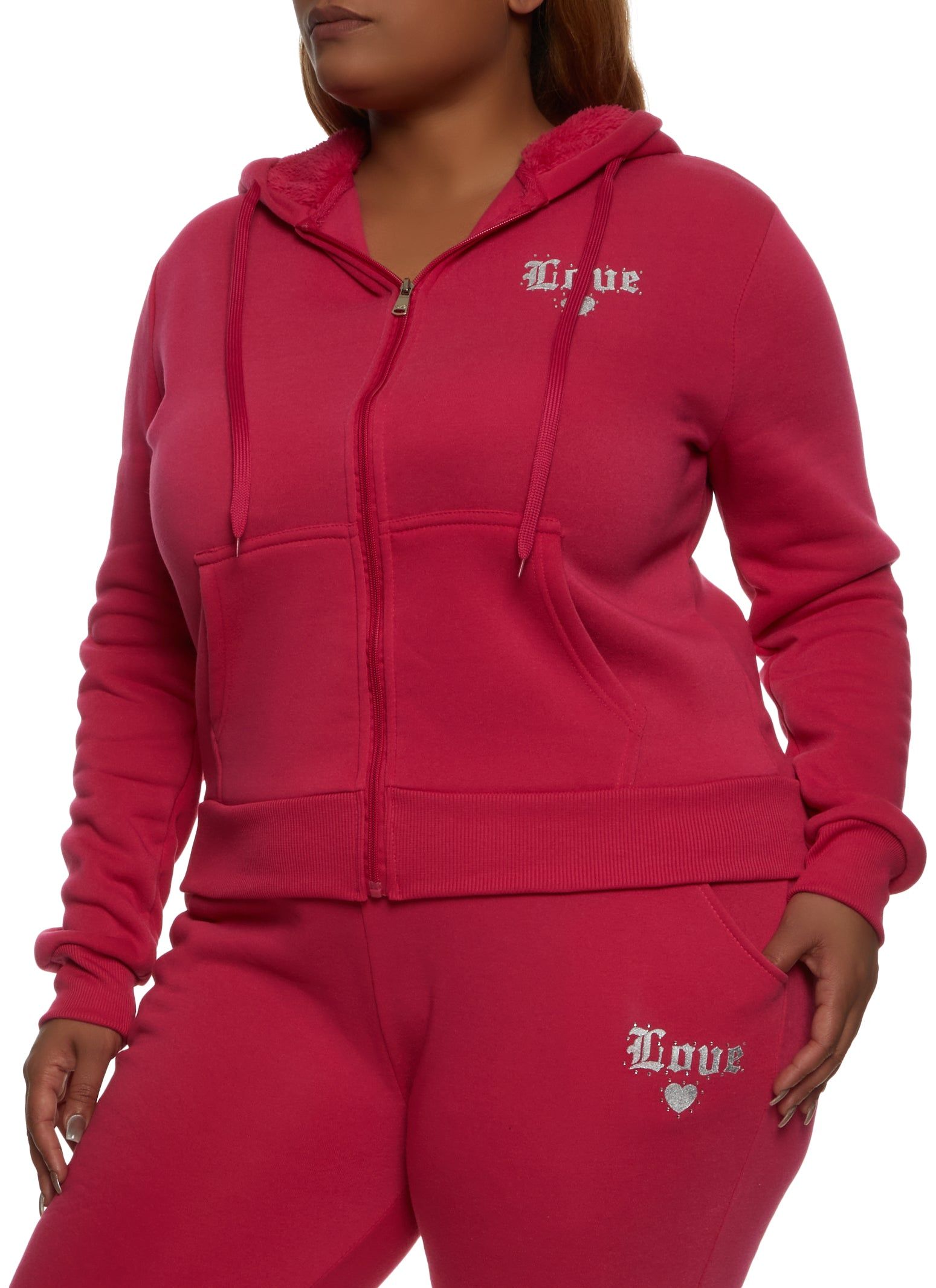 Plus Size Love Rhinestone Zip Front Hoodie sold by Rainbow
