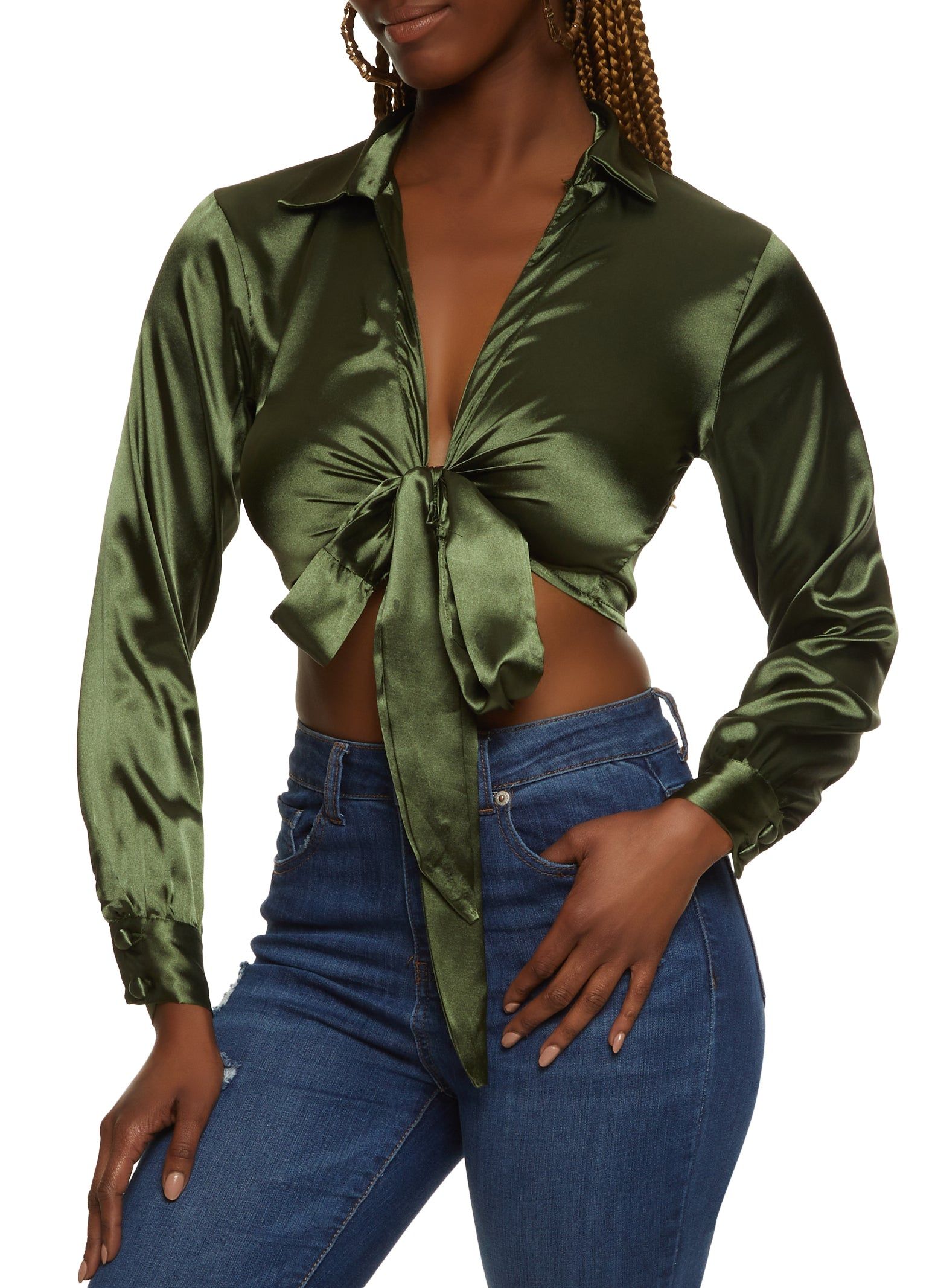 Satin Long Sleeve Tie Front Crop Top sold by Rainbow