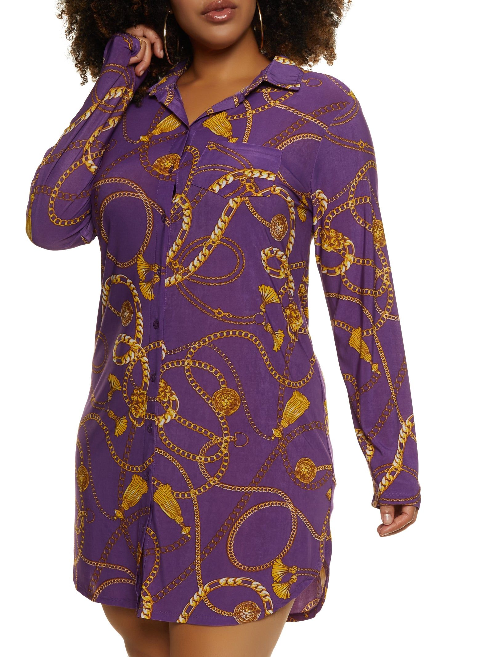 Plus Size Chain Status Print Button Front Shirt Dress sold by Rainbow