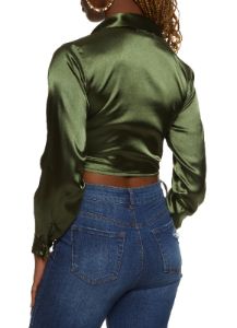Satin Long Sleeve Tie Front Crop Top sold by Rainbow