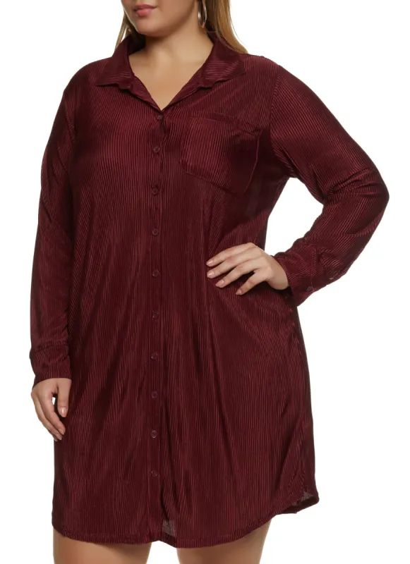 Plus Size Plisse Button Front Shirt Dress sold by Rainbow