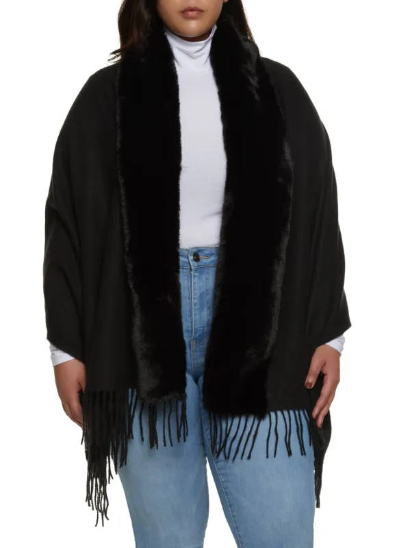Faux Fur Collar Fringe Ruana sold by Rainbow
