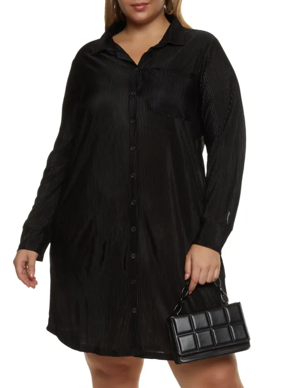 Plus Size Plisse Button Front Shirt Dress sold by Rainbow