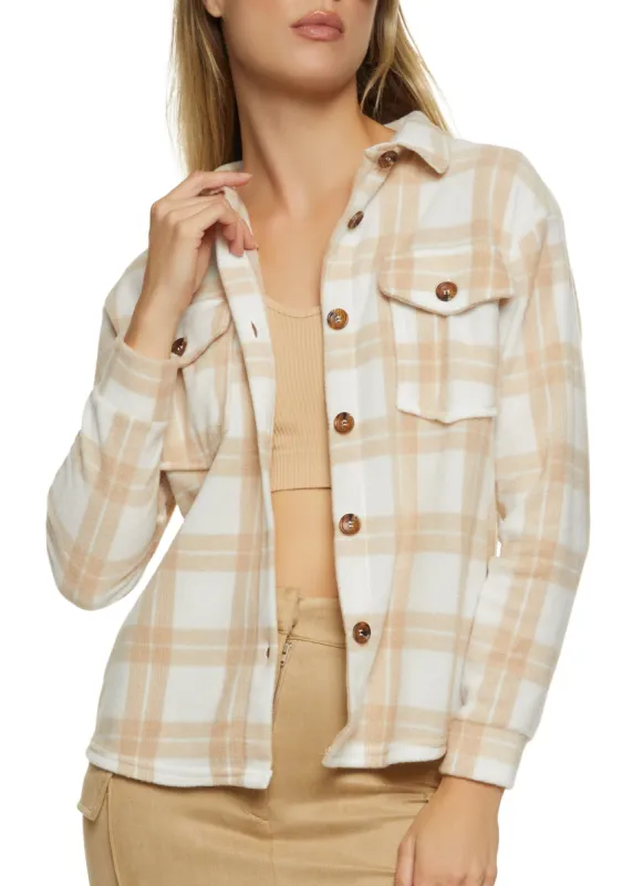 Fleece Plaid Button Down Shacket sold by Rainbow