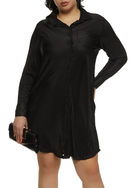 Plus Size Plisse Long Sleeve Shirt Dress sold by Rainbow