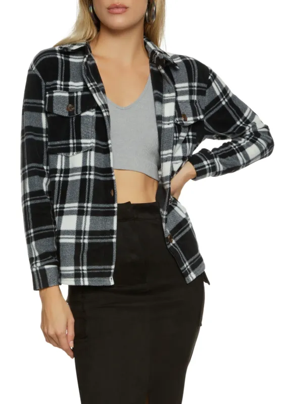 Fleece Plaid Button Down Shacket sold by Rainbow