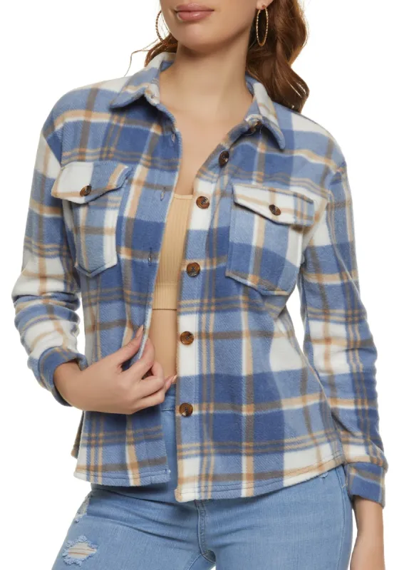 Fleece Plaid Button Down Shacket sold by Rainbow