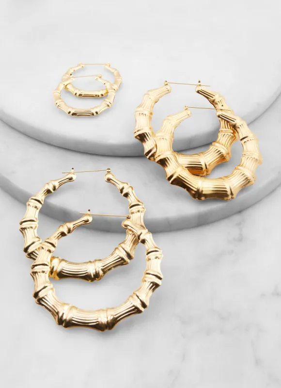 Assorted Metallic Bamboo Hoop Earrings Trio sold by Rainbow