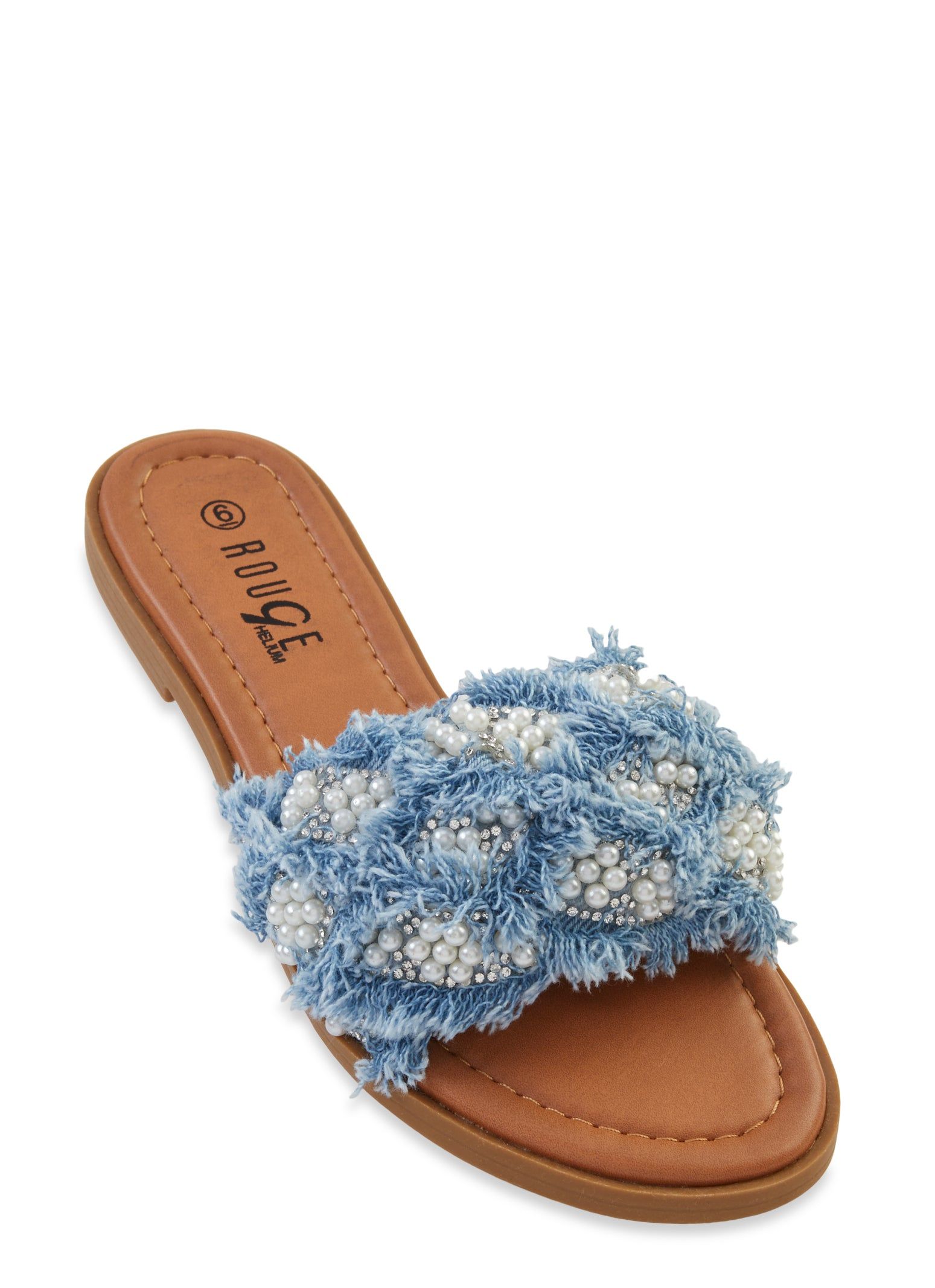 Faux Pearl Rhinestone Frayed Band Slide Sandals sold by Rainbow