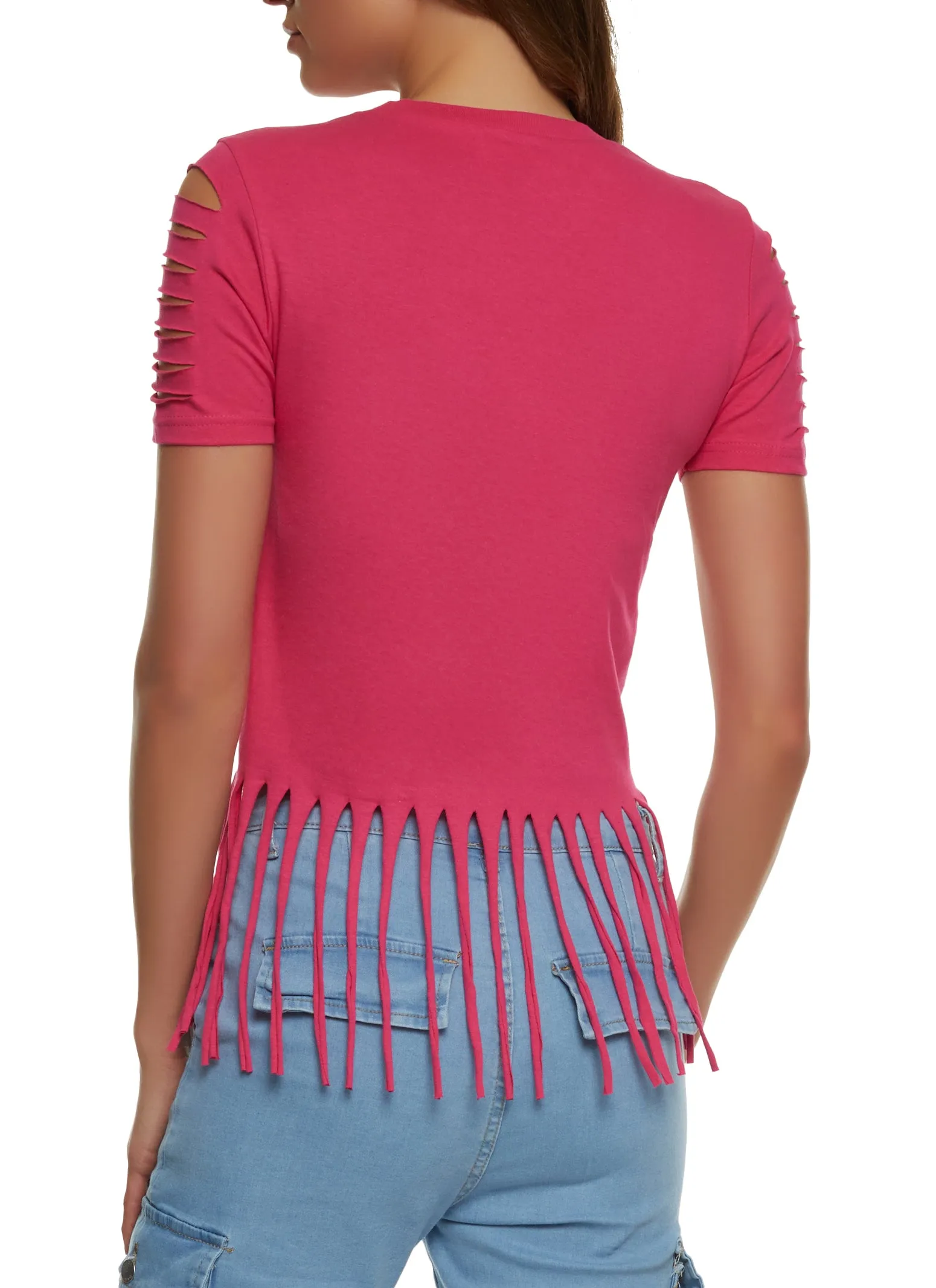 Solid Laser Cut Fringe Hem T Shirt sold by Rainbow product image thumbnail 2