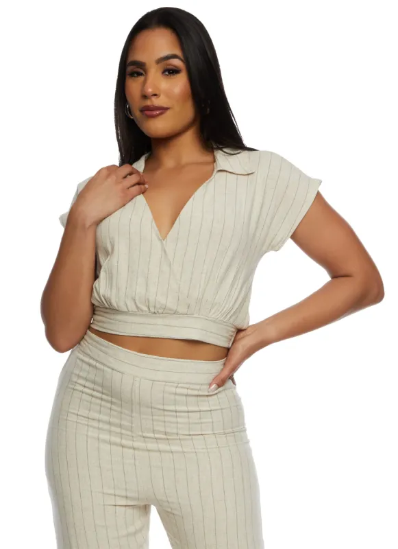 Linen Collared Faux Wrap Top sold by Rainbow