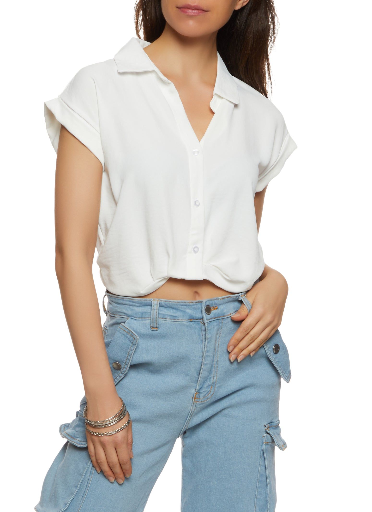 Cuffed Short Sleeve Button Front Shirt sold by Rainbow