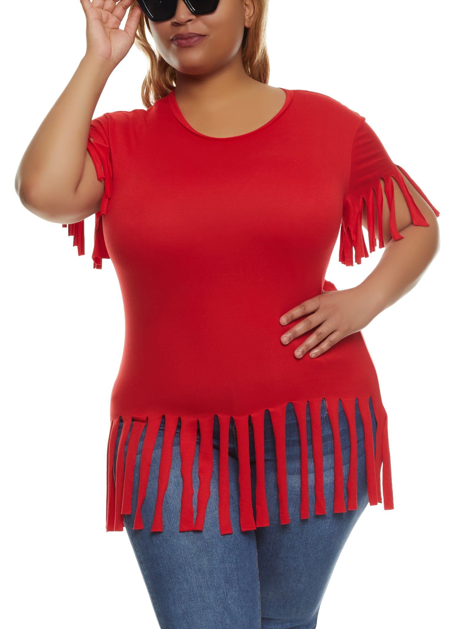 Plus Size Short Sleeve Fringe Hem T Shirt sold by Rainbow