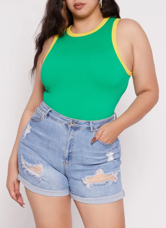 Plus Size Seamless Ribbed Contrast Trim Tank Top sold by Rainbow