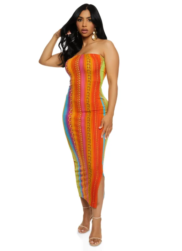 Striped Chain Print Maxi Tube Dress sold by Rainbow